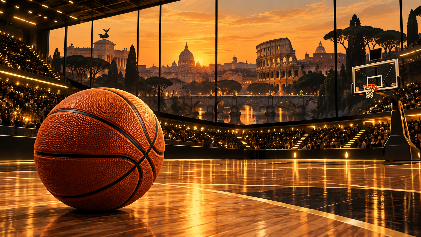 Pallone da basket sul parquet con tribune illuminate e veduta stilizzata di Roma