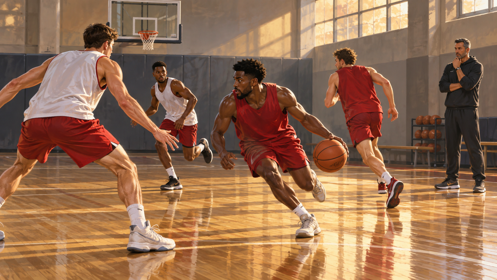Illustrazione di un allenamento di basket con giocatori in divise rosse e bianche in una palestra
