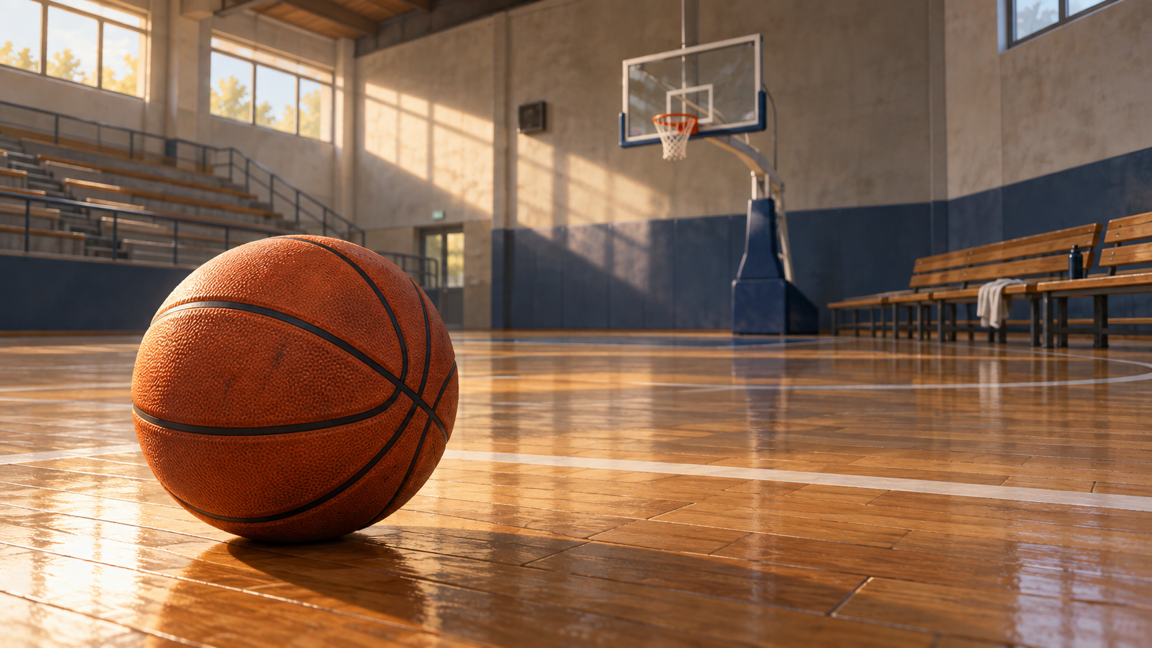 Illustrazione di un pallone da basket sul parquet di una palestra con canestro sullo sfondo