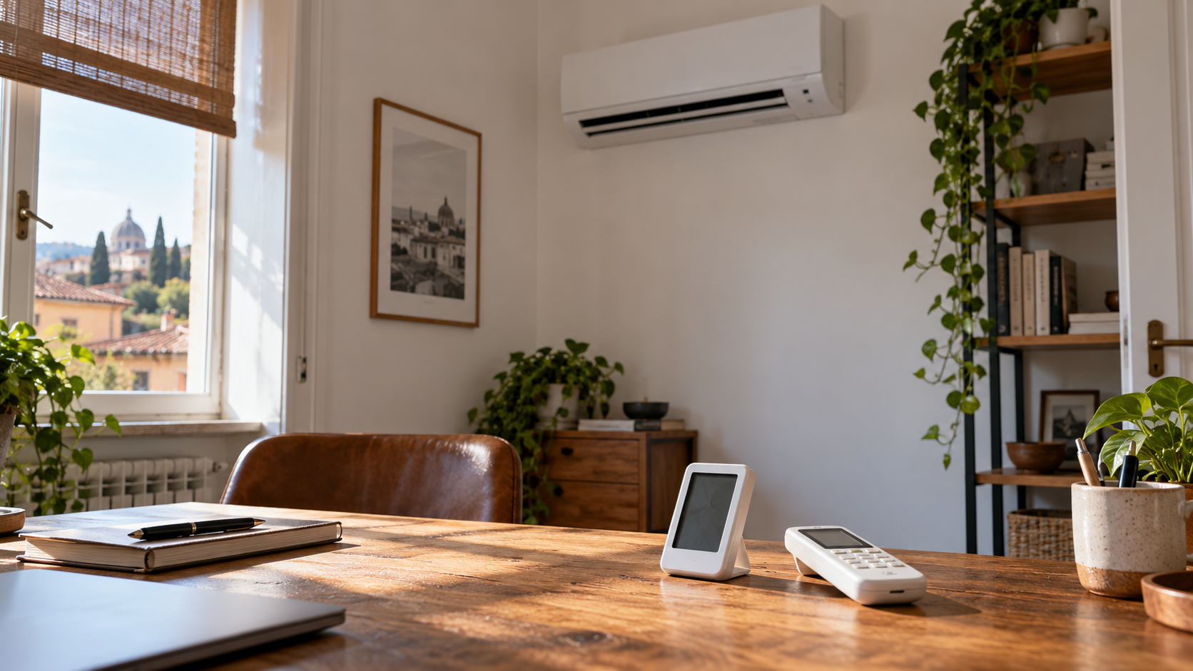 Termometro domestico e telecomando su una scrivania con climatizzatore sullo sfondo